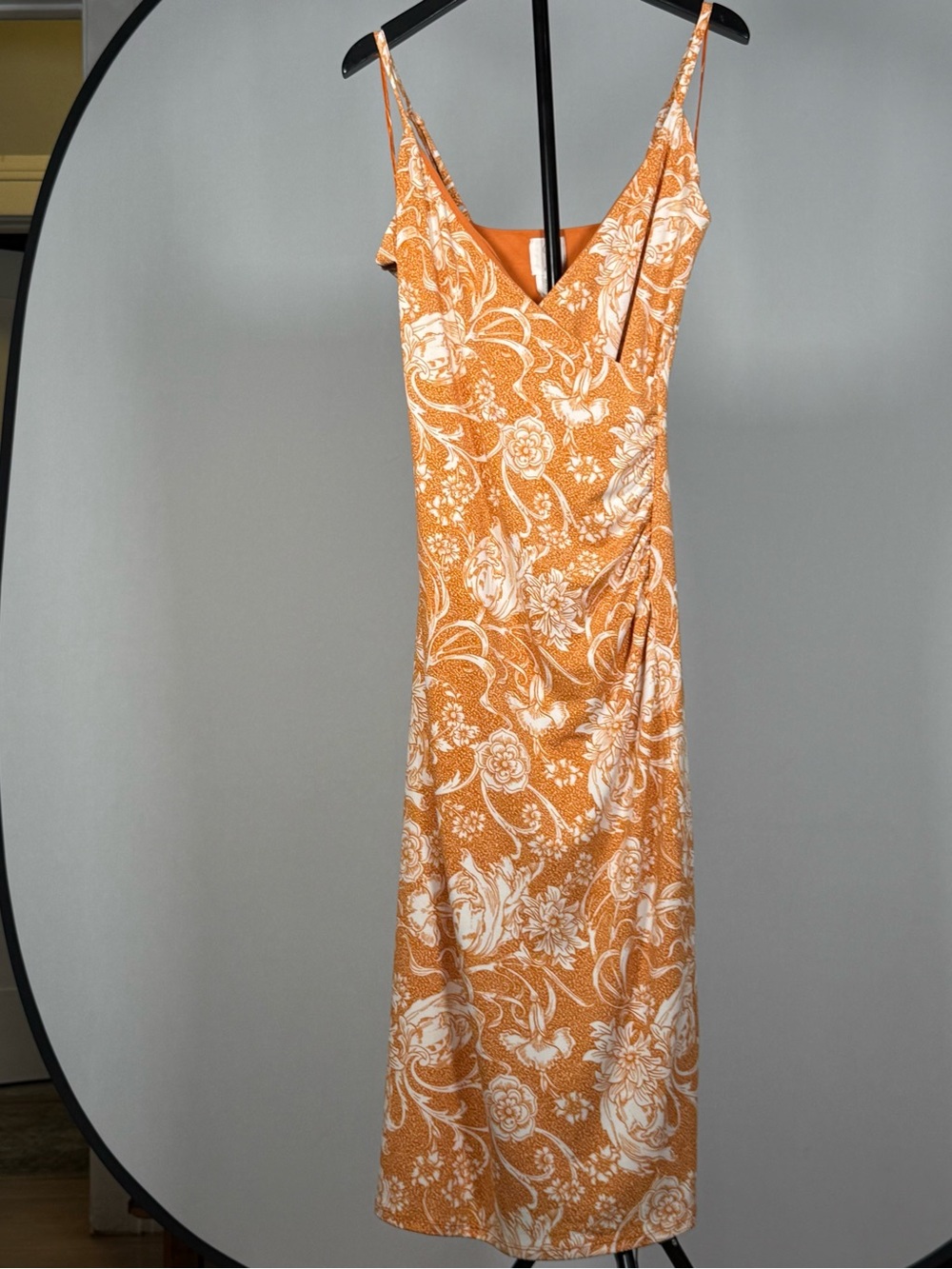 Joie Ruched Cross-Neck Orange and White Floral Midi Slip Dress Size Small - Picture 3 of 8